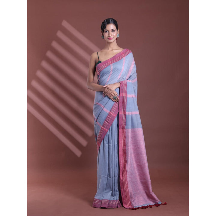 CHARUKRITI Grey Pure Cotton Handloom Soft Stripe Pattern Saree with Unstitched Blouse