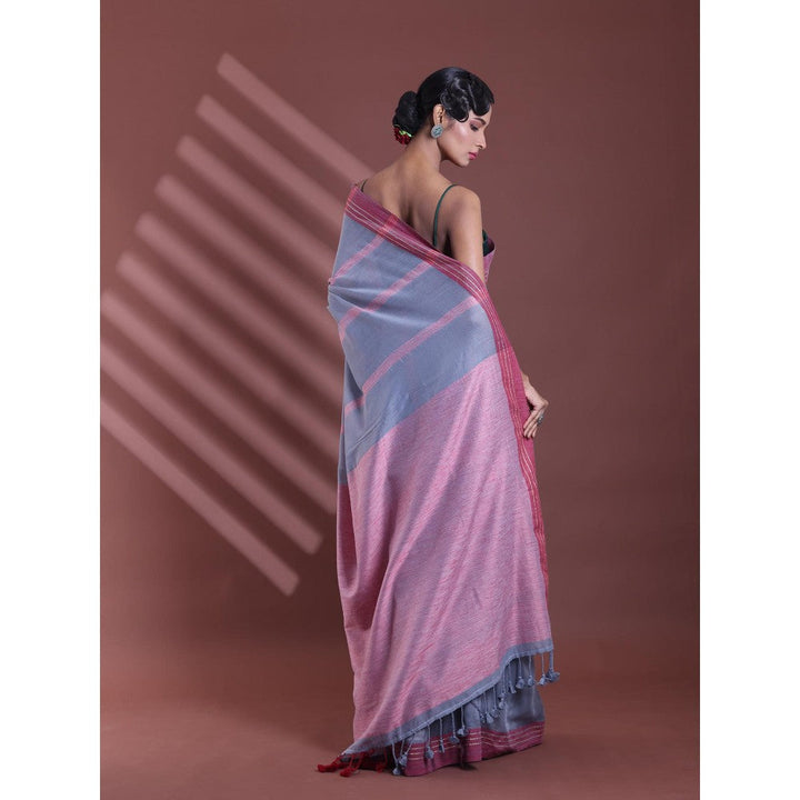 CHARUKRITI Grey Pure Cotton Handloom Soft Stripe Pattern Saree with Unstitched Blouse