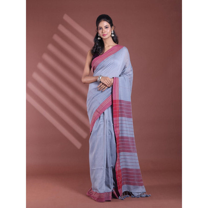 CHARUKRITI Grey Pure Cotton Handloom Soft Stripe Pattern Saree with Unstitched Blouse