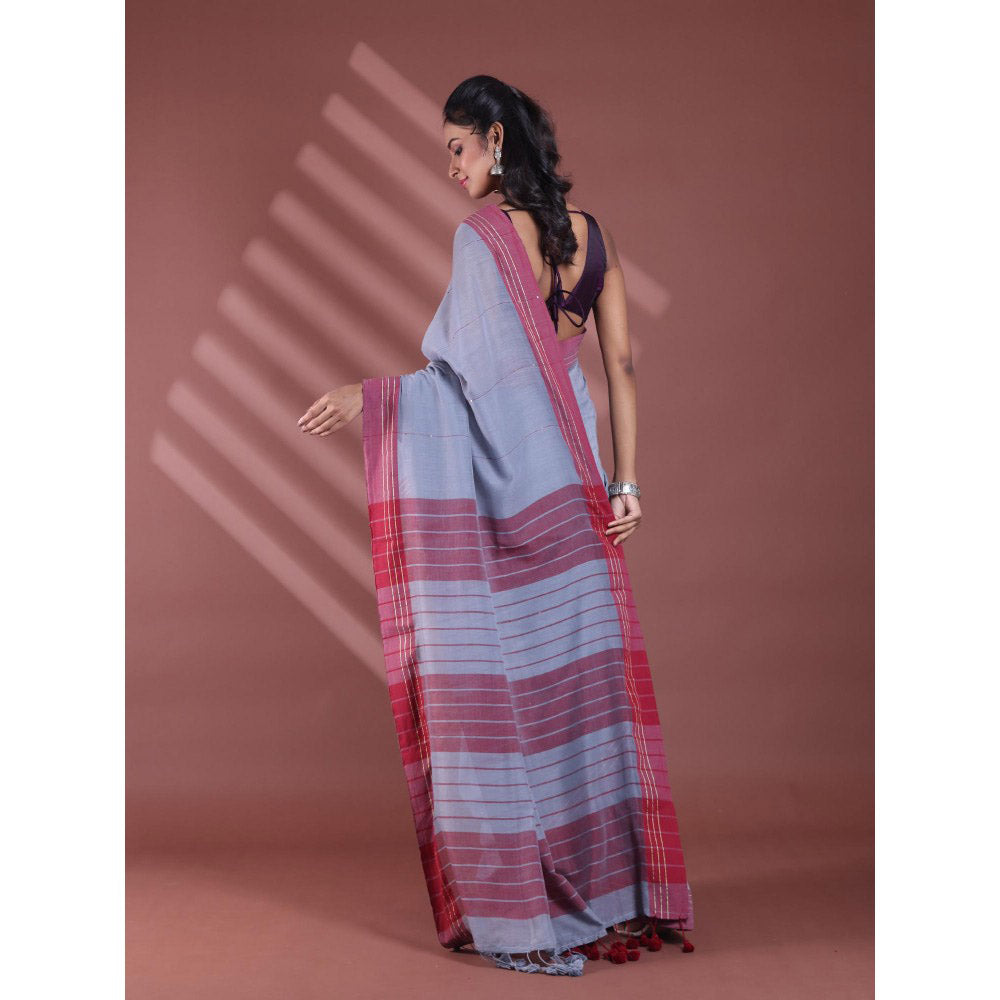 CHARUKRITI Grey Pure Cotton Handloom Soft Stripe Pattern Saree with Unstitched Blouse