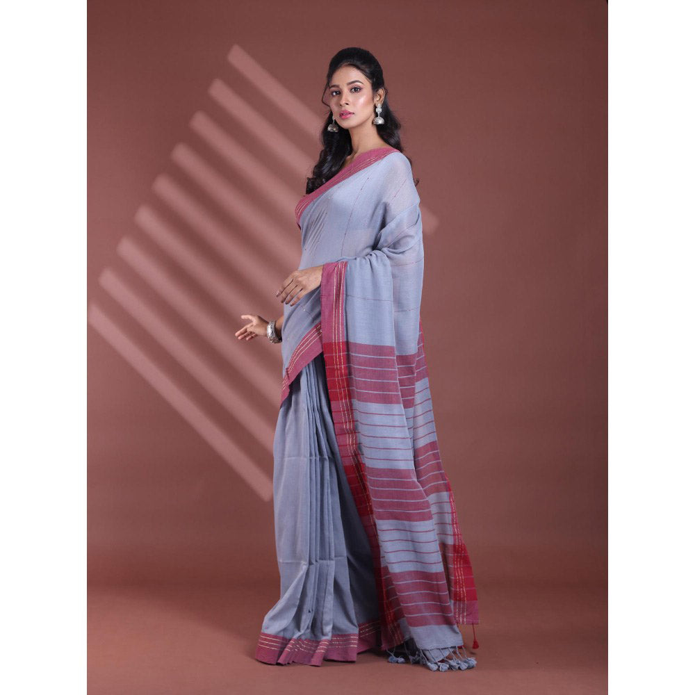 CHARUKRITI Grey Pure Cotton Handloom Soft Stripe Pattern Saree with Unstitched Blouse