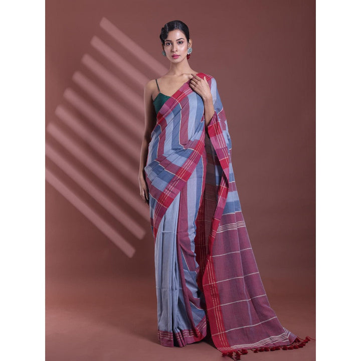 CHARUKRITI Grey Pure Cotton Handloom Soft Stripe Pattern Saree with Unstitched Blouse