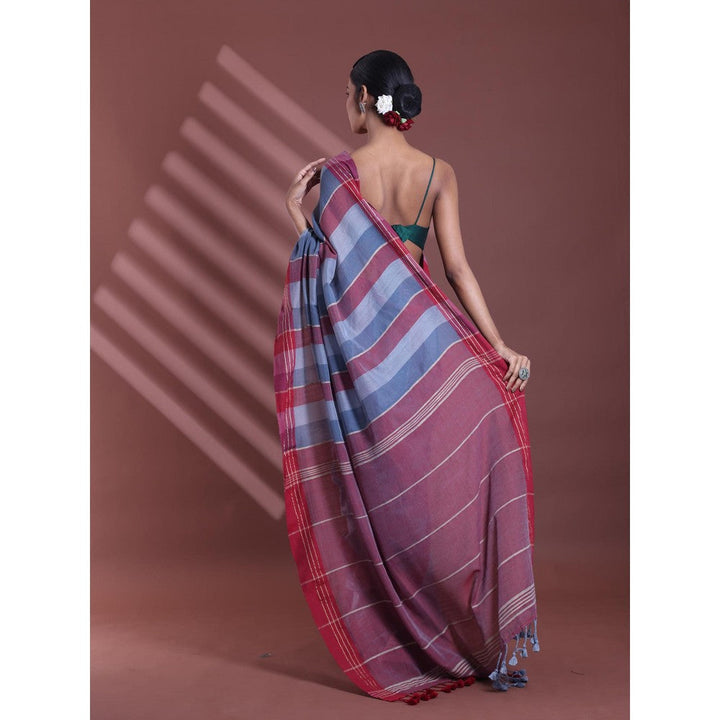 CHARUKRITI Grey Pure Cotton Handloom Soft Stripe Pattern Saree with Unstitched Blouse