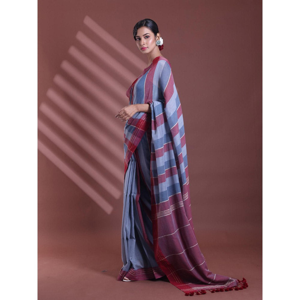 CHARUKRITI Grey Pure Cotton Handloom Soft Stripe Pattern Saree with Unstitched Blouse