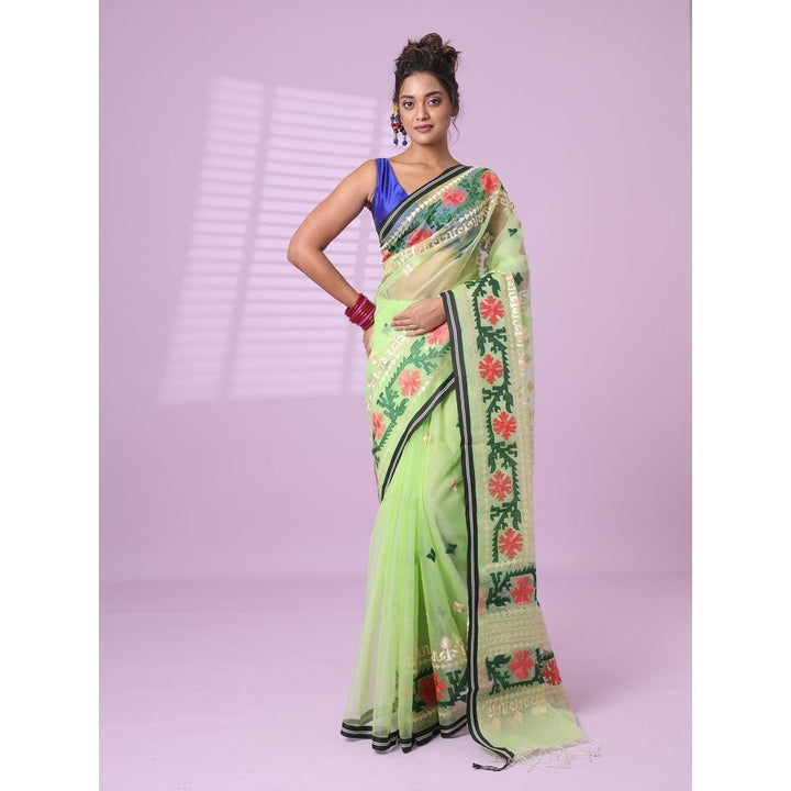 CHARUKRITI Pistachio Green Muslin Soft Saree Embroidered Work with Unstitched Blouse