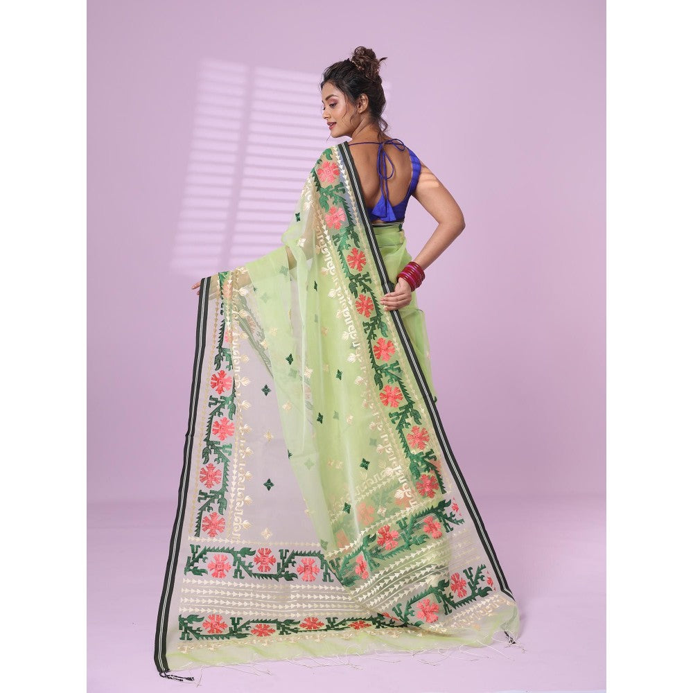 CHARUKRITI Pistachio Green Muslin Soft Saree Embroidered Work with Unstitched Blouse