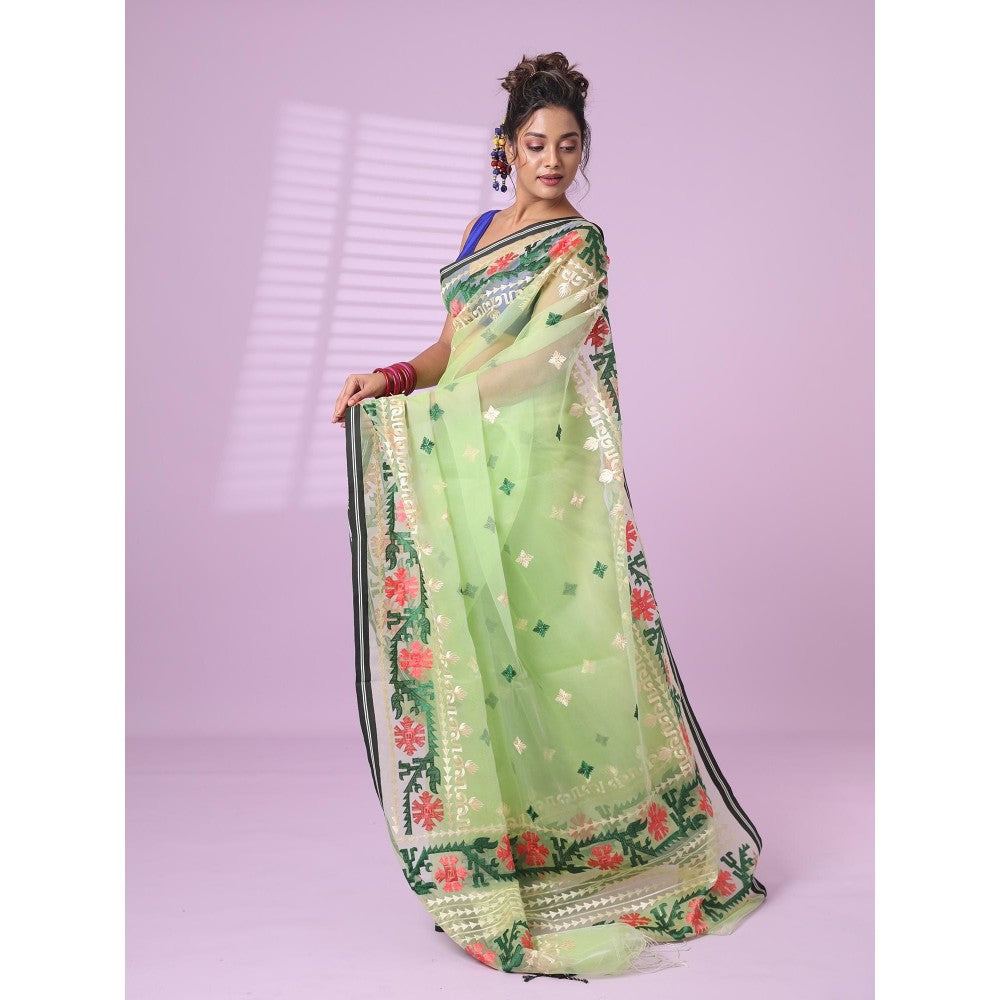 CHARUKRITI Pistachio Green Muslin Soft Saree Embroidered Work with Unstitched Blouse