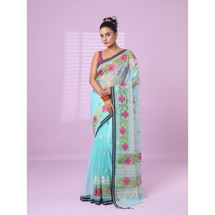 CHARUKRITI Sky Blue Muslin Soft Saree Embroidered Work with Unstitched Blouse