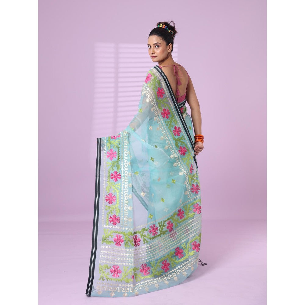 CHARUKRITI Sky Blue Muslin Soft Saree Embroidered Work with Unstitched Blouse