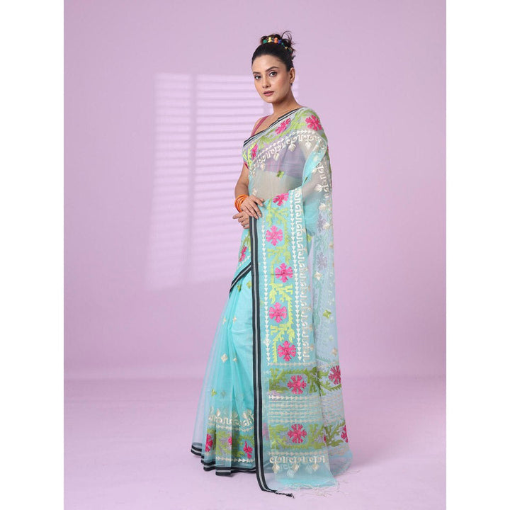 CHARUKRITI Sky Blue Muslin Soft Saree Embroidered Work with Unstitched Blouse