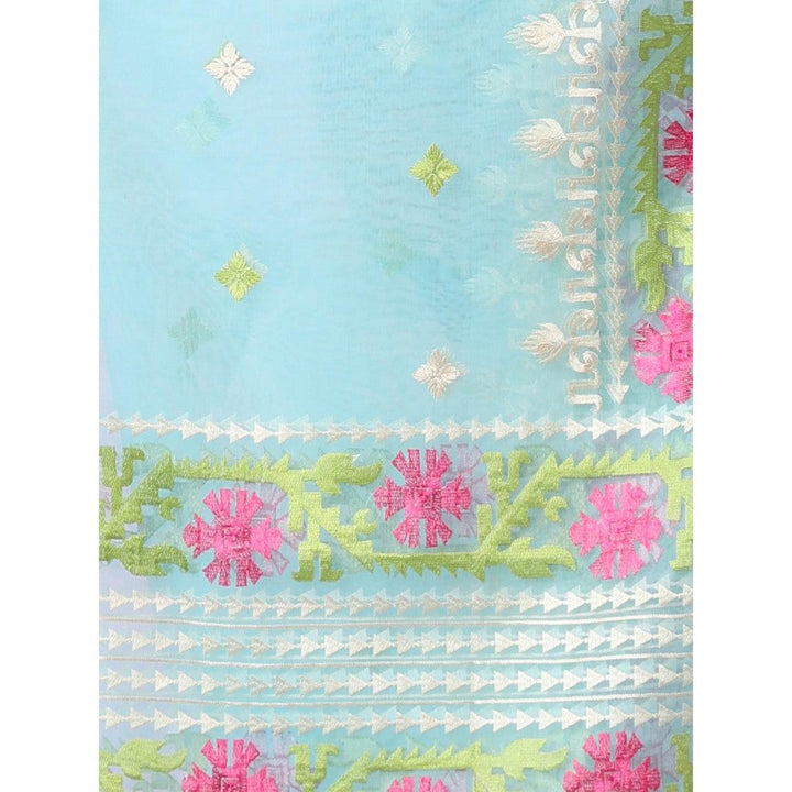 CHARUKRITI Sky Blue Muslin Soft Saree Embroidered Work with Unstitched Blouse