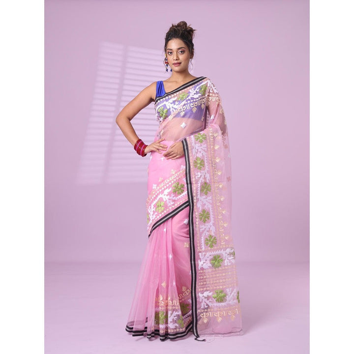 CHARUKRITI Baby Pink Muslin Soft Saree Embroidered Work with Unstitched Blouse