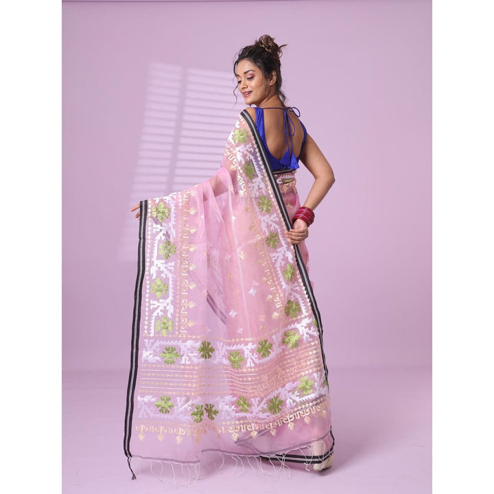 CHARUKRITI Baby Pink Muslin Soft Saree Embroidered Work with Unstitched Blouse