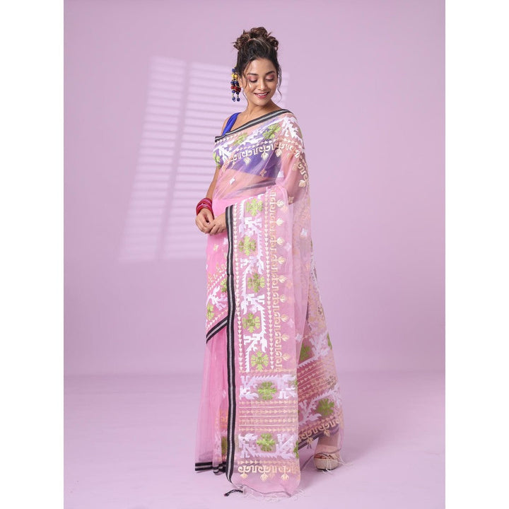 CHARUKRITI Baby Pink Muslin Soft Saree Embroidered Work with Unstitched Blouse