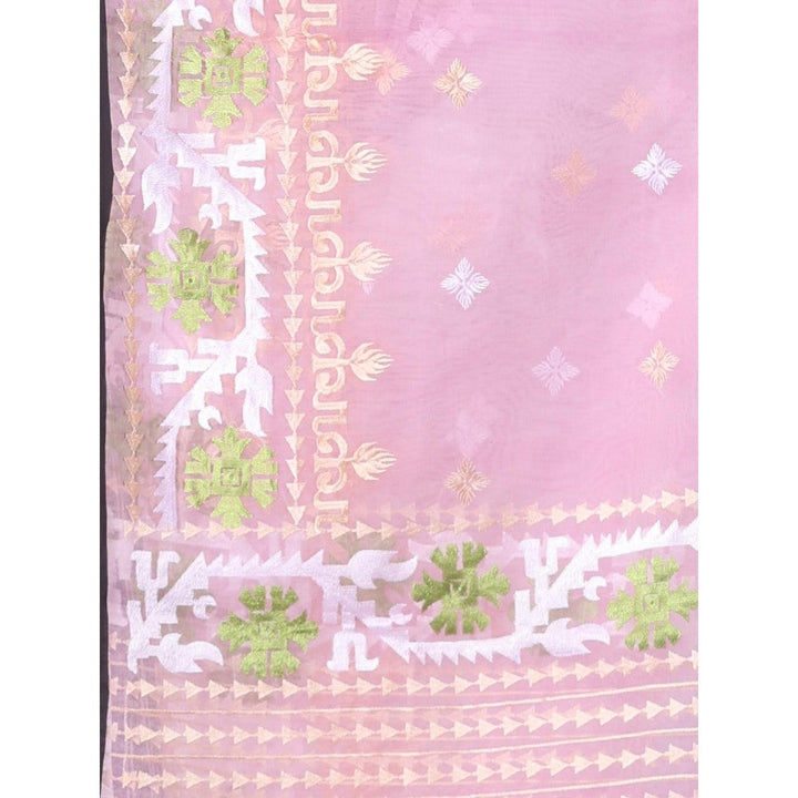 CHARUKRITI Baby Pink Muslin Soft Saree Embroidered Work with Unstitched Blouse