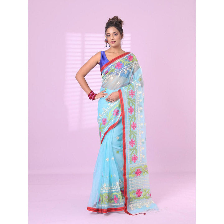 CHARUKRITI Sky Blue Muslin Soft Saree Embroidered Work with Unstitched Blouse