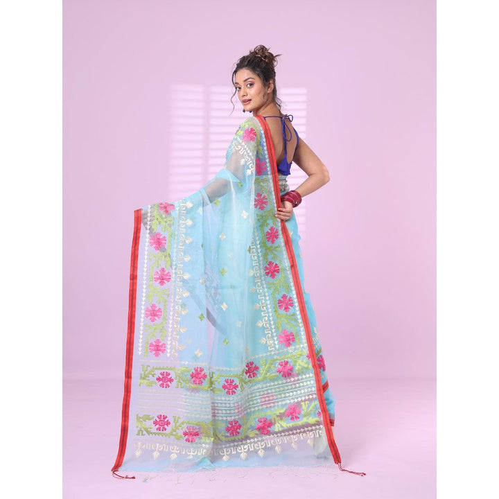 CHARUKRITI Sky Blue Muslin Soft Saree Embroidered Work with Unstitched Blouse