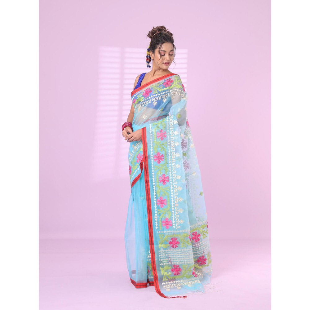 CHARUKRITI Sky Blue Muslin Soft Saree Embroidered Work with Unstitched Blouse