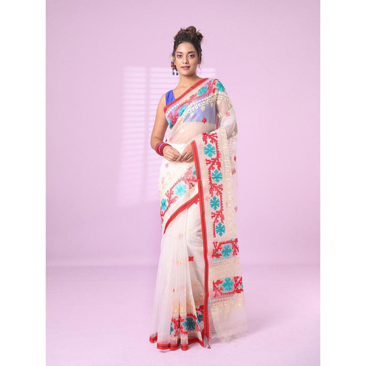 CHARUKRITI Off White Muslin Soft Saree Embroidered Work with Unstitched Blouse