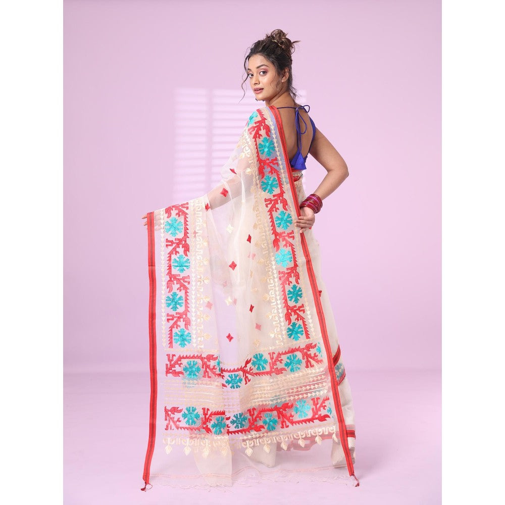 CHARUKRITI Off White Muslin Soft Saree Embroidered Work with Unstitched Blouse