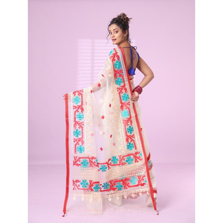 CHARUKRITI Off White Muslin Soft Saree Embroidered Work with Unstitched Blouse