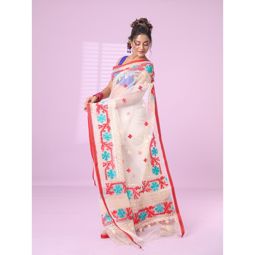 CHARUKRITI Off White Muslin Soft Saree Embroidered Work with Unstitched Blouse