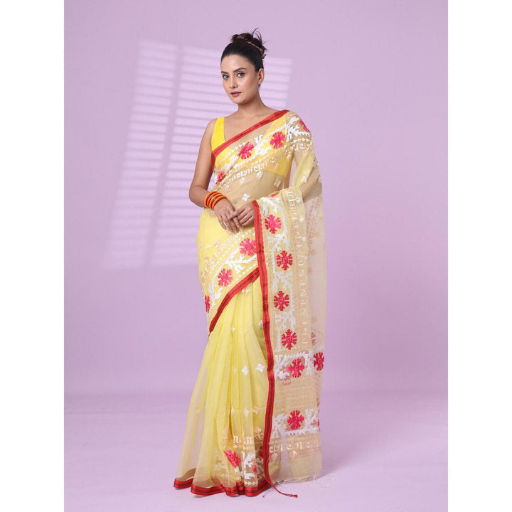 CHARUKRITI Banana Yellow Muslin Soft Saree Embroidered Work with Unstitched Blouse