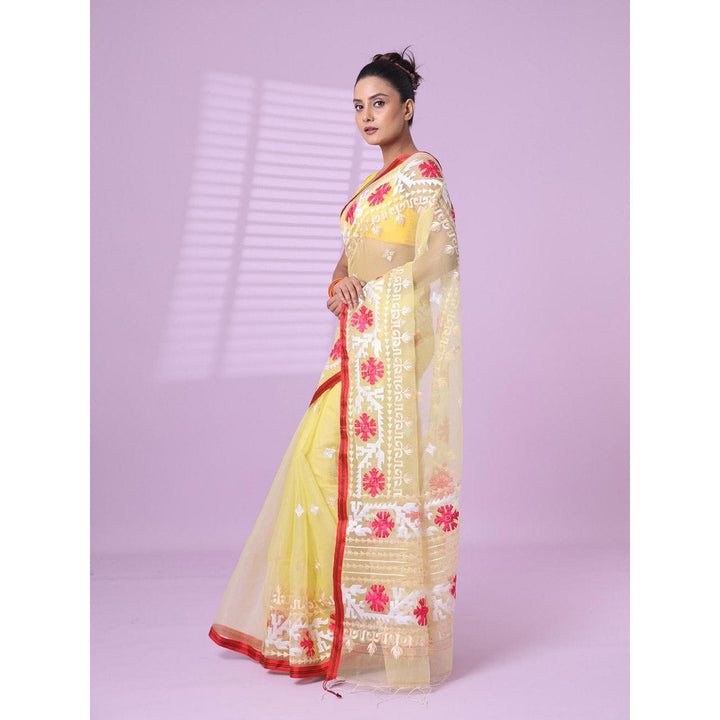 CHARUKRITI Banana Yellow Muslin Soft Saree Embroidered Work with Unstitched Blouse