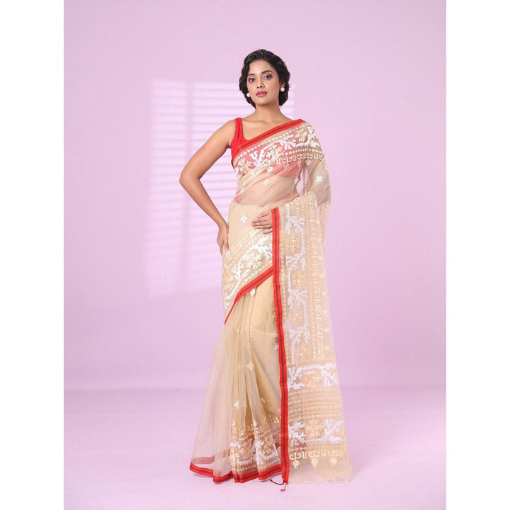 CHARUKRITI Beige Muslin Soft Saree Embroidered Work with Unstitched Blouse