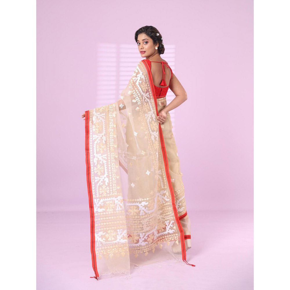 CHARUKRITI Beige Muslin Soft Saree Embroidered Work with Unstitched Blouse