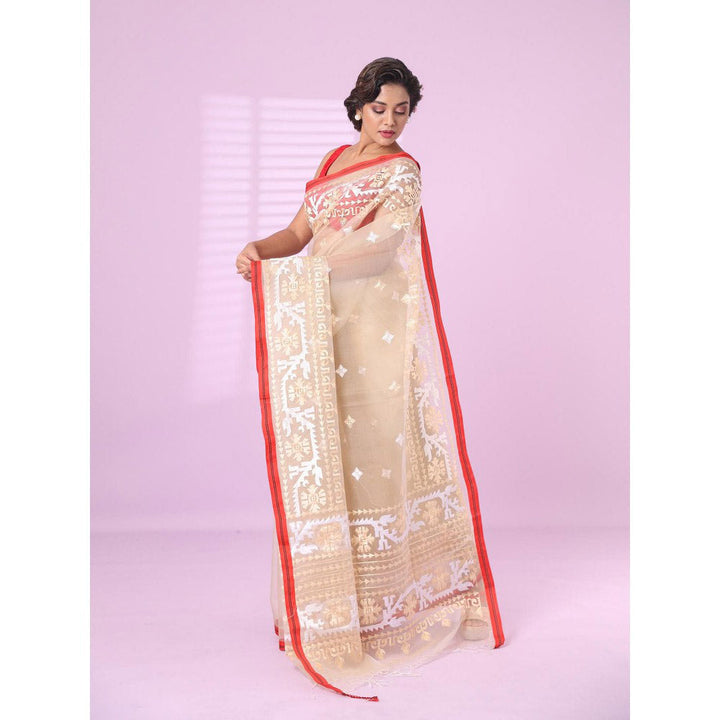 CHARUKRITI Beige Muslin Soft Saree Embroidered Work with Unstitched Blouse