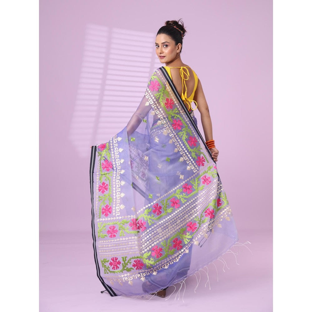 CHARUKRITI Lavender Muslin Soft Saree Embroidered Work with Unstitched Blouse