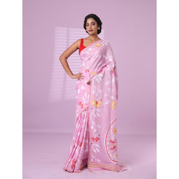 CHARUKRITI Baby Pink Cotton Soft Saree Foliage Design with Unstitched Blouse