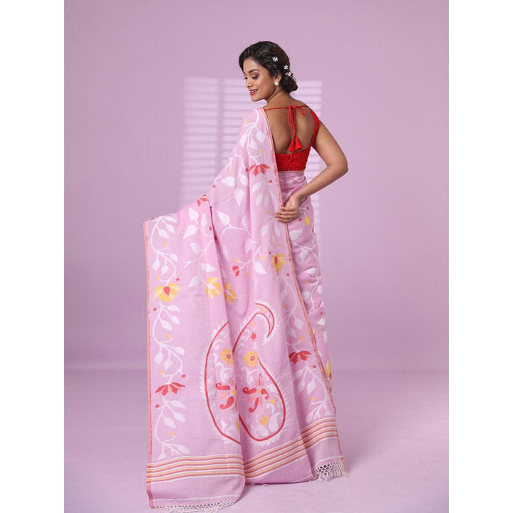 CHARUKRITI Baby Pink Cotton Soft Saree Foliage Design with Unstitched Blouse