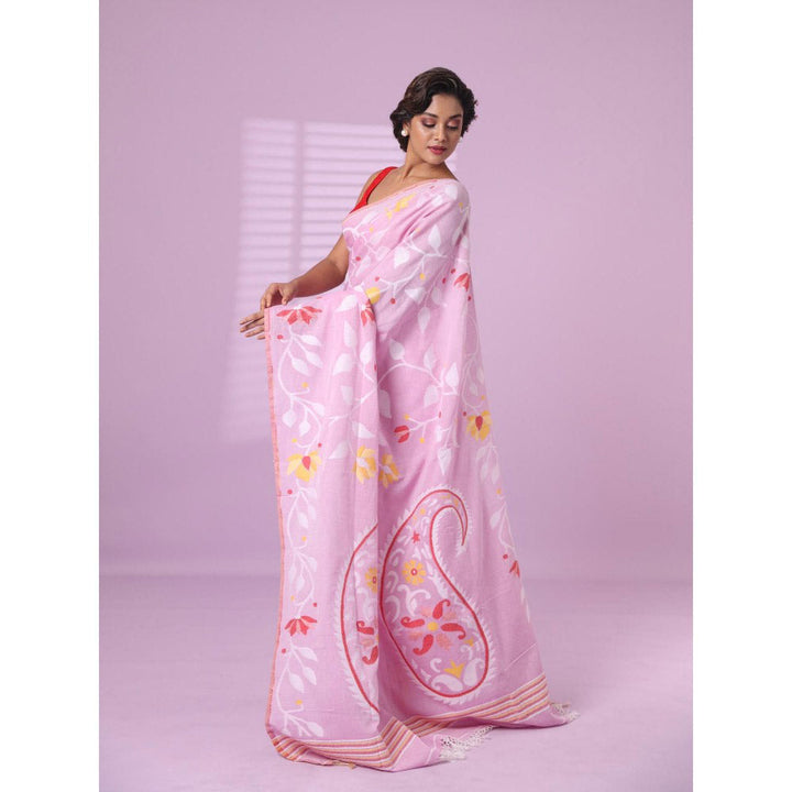 CHARUKRITI Baby Pink Cotton Soft Saree Foliage Design with Unstitched Blouse