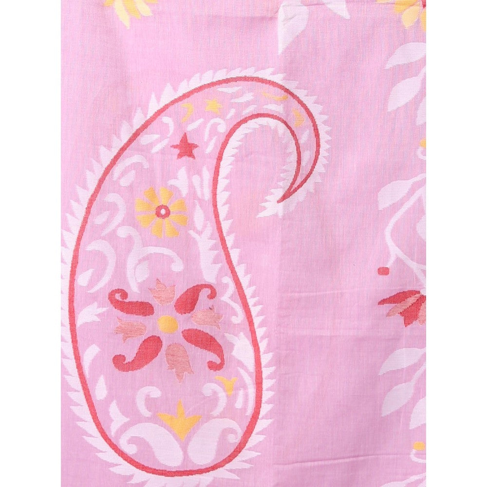 CHARUKRITI Baby Pink Cotton Soft Saree Foliage Design with Unstitched Blouse