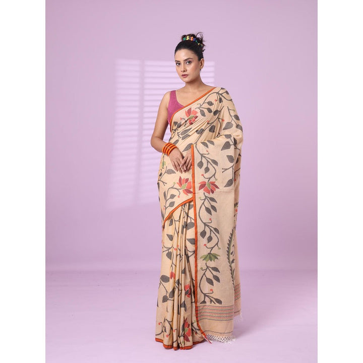 CHARUKRITI Beige Cotton Soft Saree Foliage Design with Unstitched Blouse