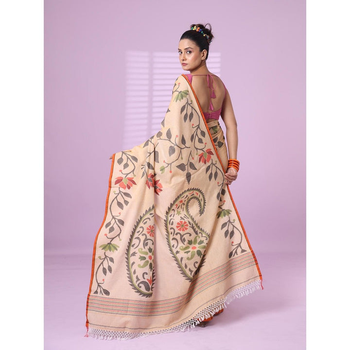 CHARUKRITI Beige Cotton Soft Saree Foliage Design with Unstitched Blouse