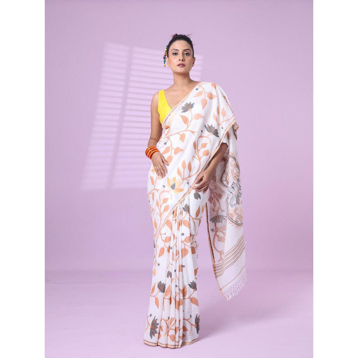 CHARUKRITI White Cotton Soft Saree Foliage Design with Unstitched Blouse