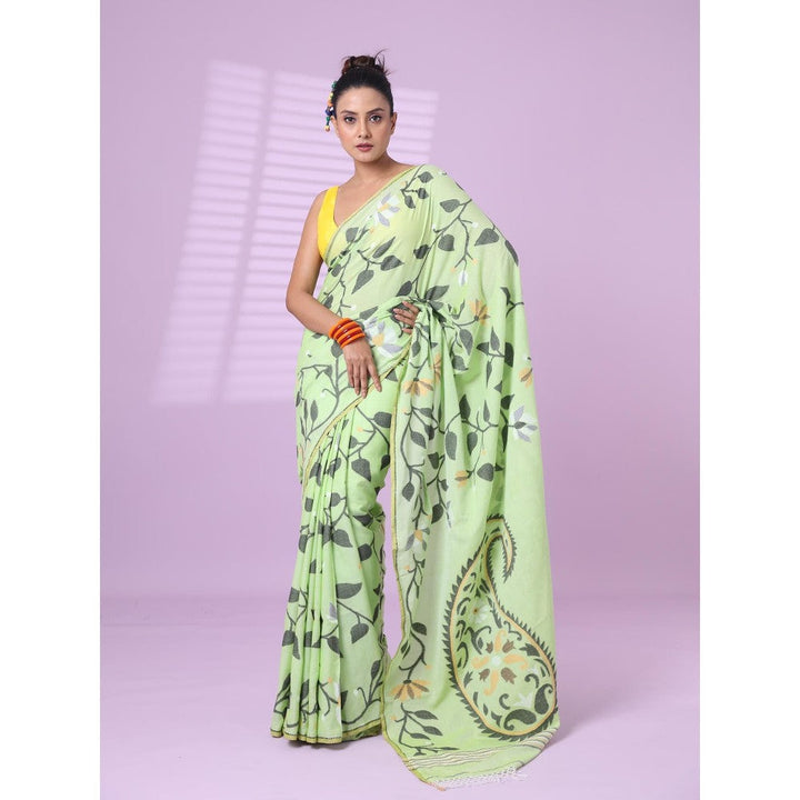 CHARUKRITI Light Green Cotton Soft Saree Foliage Design with Unstitched Blouse