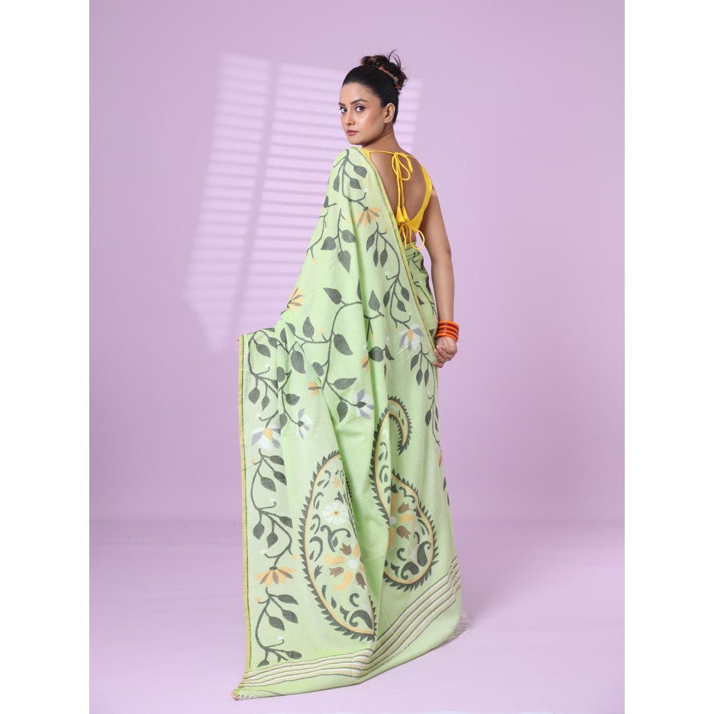 CHARUKRITI Light Green Cotton Soft Saree Foliage Design with Unstitched Blouse