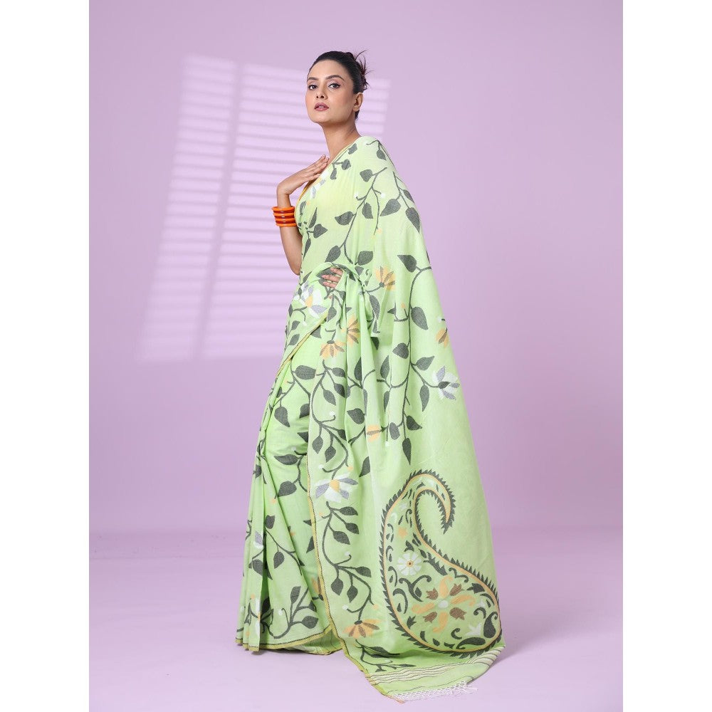 CHARUKRITI Light Green Cotton Soft Saree Foliage Design with Unstitched Blouse