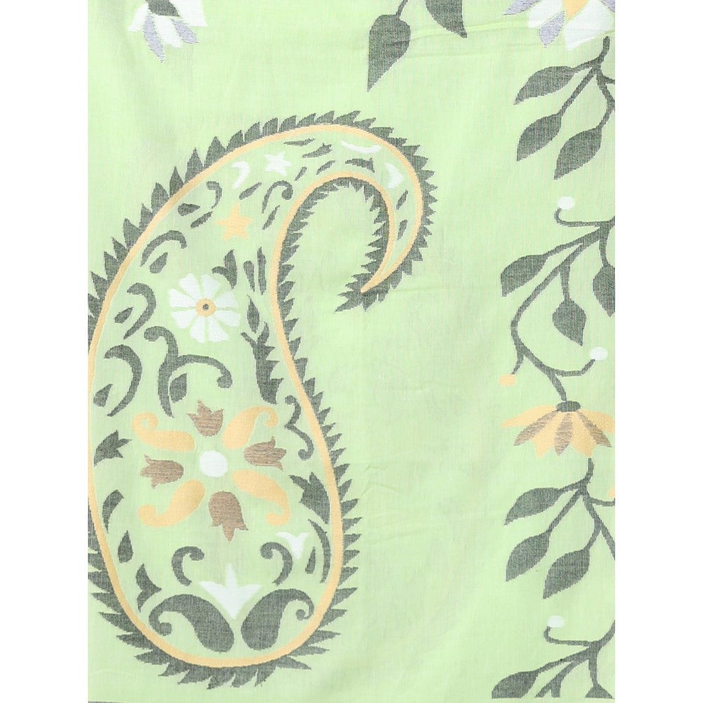 CHARUKRITI Light Green Cotton Soft Saree Foliage Design with Unstitched Blouse