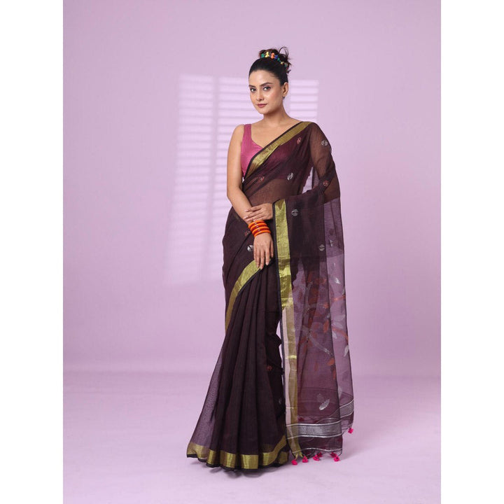 CHARUKRITI Brown Cotton Silk Saree Zari Border with Unstitched Blouse