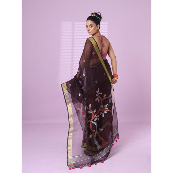 CHARUKRITI Brown Cotton Silk Saree Zari Border with Unstitched Blouse