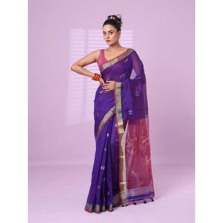 CHARUKRITI Violet Cotton Silk Saree Zari Border with Unstitched Blouse