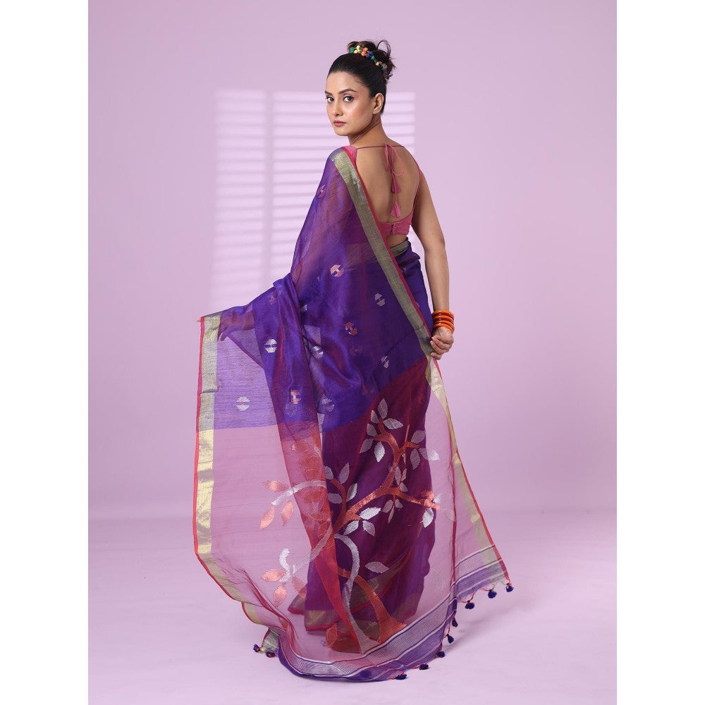 CHARUKRITI Violet Cotton Silk Saree Zari Border with Unstitched Blouse