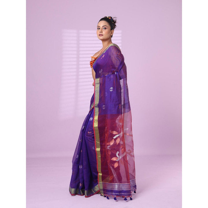 CHARUKRITI Violet Cotton Silk Saree Zari Border with Unstitched Blouse