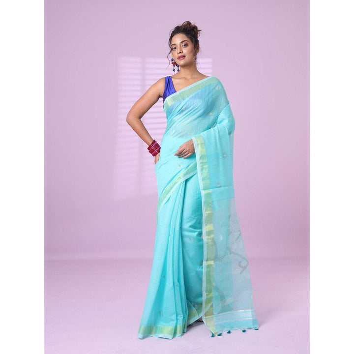 CHARUKRITI Sea Green Cotton Silk Saree Zari Border with Unstitched Blouse