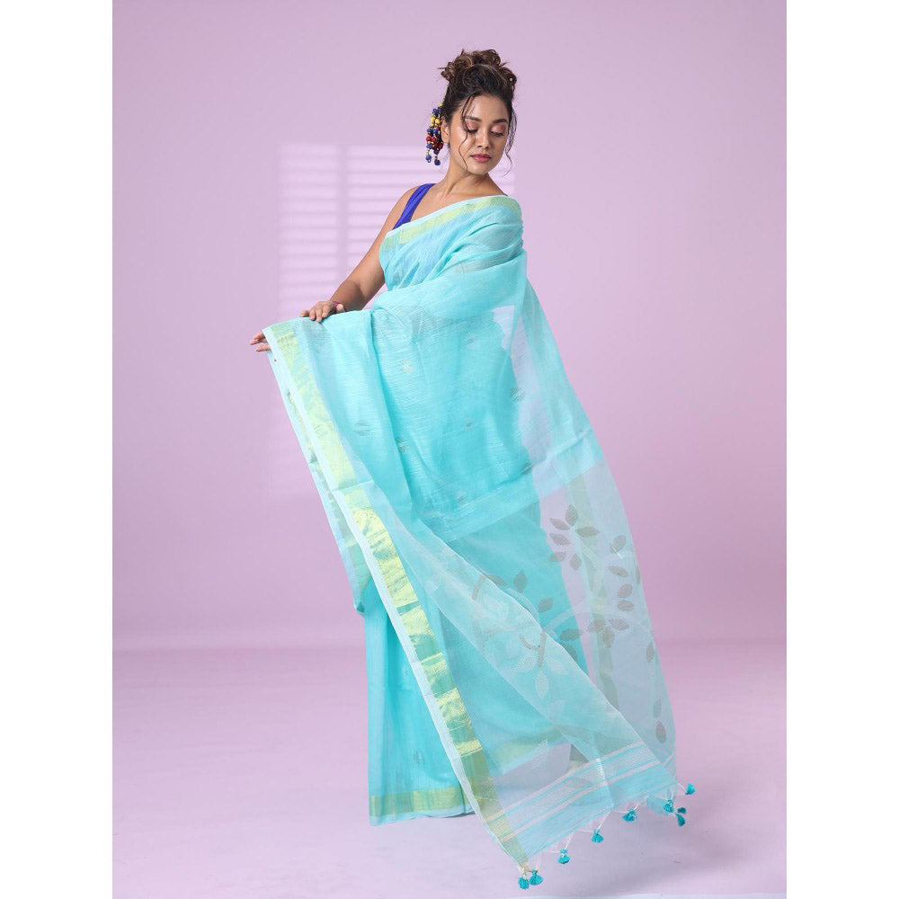 CHARUKRITI Sea Green Cotton Silk Saree Zari Border with Unstitched Blouse